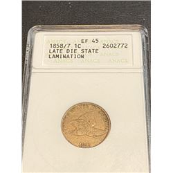 1858/7 ANACS MS EF 45 LDS - RARE FE 1 Cent