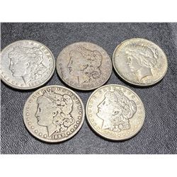 Lot of 5 Morgan and Peace Silver Dollars