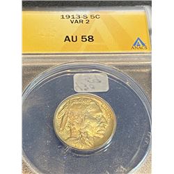 1913 S Var 2 - RARE AU 58 Buffalo Nickel