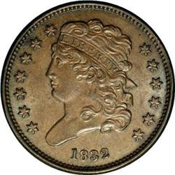 1832 1/2 C C-1, B-1, R.2 MS63. Die State 1. Small date 1832[1/2 C] C-1, B-1, R.2. Die State 1. MS65 
