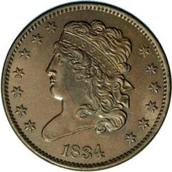 1834 1/2 C C-1, B-1, R.1 MS63. Die State 1. Tall, plai 1834[1/2 C] C-1, B-1, R.1. Die State 1. MS64 