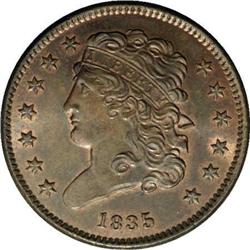 1835 1/2 C C-1, B-1, R.1 MS63. Die State 1. Tall, recu 1835[1/2 C] C-1, B-1, R.1. Die State 1. MS64 