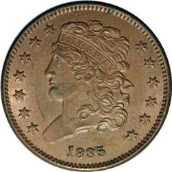 1835 1/2 C C-2, B-2, R.1 MS60. Die State 3. Tall, recu 1835[1/2 C] C-2, B-2, R.1. Die State 3. MS63 
