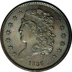 1836 1/2 C Original. B-1, High R.5 PR60. Small date, 3 1836[1/2 C] Original. EO-12, B-1, High R.5. P