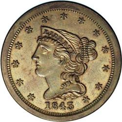 1843 1/2 C First Restrike. B-2, R.6 PR63. Small date; 1843[1/2 C] First Restrike. SR-5, B-2, R.6. PR