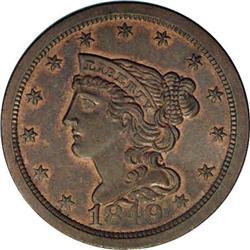1849 1/2 C C-1, B-4, R.2 MS63. Die State 2. Large date 1849[1/2 C] C-1, B-4, R.2. Die State 2. MS63 