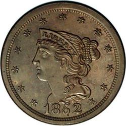 1852 1/2 C First Restrike. B-2, R.5 PR63. Large date; 1852[1/2 C] First Restrike. SR-12, B-2, R.5. P