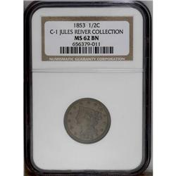 1853 1/2 C C-1, B-1, R.1 AU55 Uncertified. Die State 1 1853[1/2 C] C-1, B-1, R.1. Die State 1. MS62 