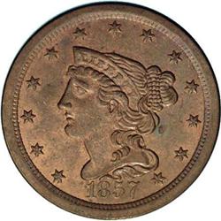 1857 1/2 C C-1, B-1, R.2 MS60. Die State 1. Medium dat 1857[1/2 C] C-1, B-1, R.2. Die State 1. MS62 