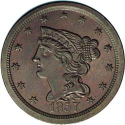 1857 1/2 C C-1, B-1, R.2 MS60. Die State 1. Medium dat 1857[1/2 C] C-1, B-1, R.2. Die State 1. MS64 