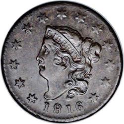 1816 1C AU58 NGC. N-4, Low R.3. This late die state no 1816[1C] N-4, Low R.3. AU58 NGC. VF35 EAC.