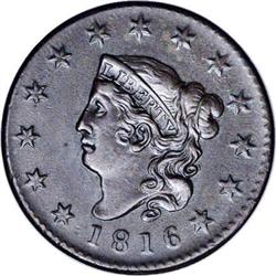 1816 1C AU58 NGC. N-6, R.2. This late die state shows 1816[1C] N-6, R.2. AU58 NGC. XF45 EAC.