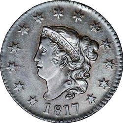 1817 1C 13 Stars AU58 NGC. N-6, R.1. Glossy chocolate 1817[1C] 13 Stars. N-6, R.1. AU58 NGC. VF30 EA