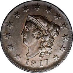 1817 1C 13 Stars AU58 NGC. N-9, R.2. Medium brown with 1817[1C] 13 Stars. N-9, R.2. AU58 NGC. AU50 E