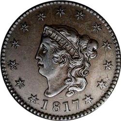 1817 1C 13 Stars AU55 NGC. N-10, R.1. Brown with gloss 1817[1C] 13 Stars. N-10, R.1. AU55 NGC. XF45 
