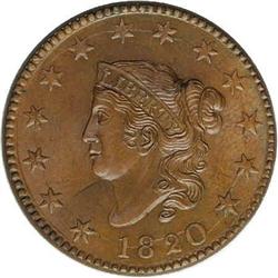 1820 1C Large Date--Improperly Cleaned--NCS. Uncircula 1820[1C] Large Date. N-13, R.1--Improperly Cl