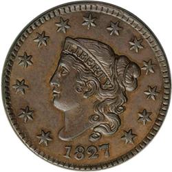 1827 1C MS62 Brown NGC. N-3, Late Die State, R.2. A fa 1827[1C] N-3, R.2. MS62 Brown NGC. AU50 EAC.