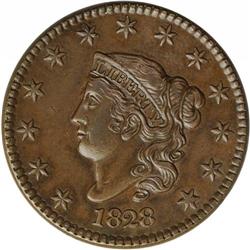 1828 1C Large Narrow Date AU58 NGC. N-2, R.2. NDS A, p 1828[1C] Large Narrow Date. N-2, R.2. AU58 NG