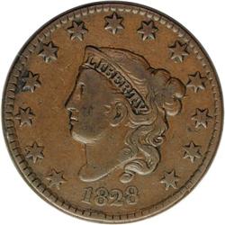 1828 1C Large Narrow Date VF20 NGC. N-7, R.3. NDS B. T 1828[1C] Large Narrow Date. N-7, R.3. VF20 NG