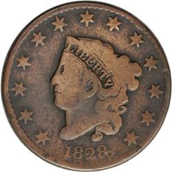 1828 1C Large Narrow Date--Improperly Cleaned--NCS. Go 1828[1C] Large Narrow Date. N-8, R.3--Imprope