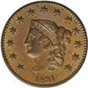 Image 1 : 1831 1C Large Letters MS62 Brown NGC. N-9, R.2. Early 1831[1C] Large Letters. N-9, R.2. MS62 Brown N