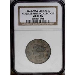 1832 1C Large Letters. N-3, R.1. MS61 Brown NGC. VF35 1832[1C] Large Letters. N-3, R.1. MS61 Brown N