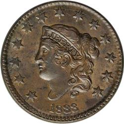 1833 1C MS62 NGC. N-5, R.1. The Horned 8 Variety. Medi 1833[1C] N-5, R.1. MS62 NGC. AU50 EAC.
