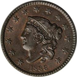 1833 1C MS62 NGC. N-6, R.1. Chocolate with faded mint 1833[1C] N-6, R.1. MS62 NGC. MS60+ EAC.