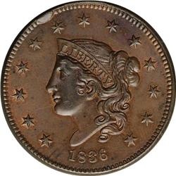1836 1C MS63 Brown NGC. N-3, R.1. Die State C, with an 1836[1C] N-3, R.1. MS63 Brown NGC. MS60 EAC.