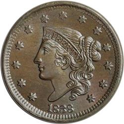 1838 1C N-1, R.1. MS64 Brown NGC. MS60 EAC. Rim breaks 1838[1C] N-1, R.1. MS64 Brown NGC. MS60 EAC.