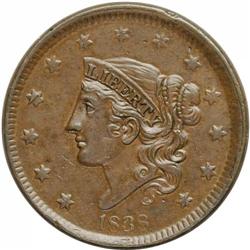 1838 1C N-3, R.1. MS61 Brown NGC. AU50 EAC. A late die 1838[1C] N-3, R.1. MS61 Brown NGC. AU50 EAC.