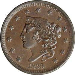 1839 1C Head of 1838. N-3, R.1. MS62 Brown NGC. AU50 E 1839[1C] Head of 1838. N-3, R.1. MS62 Brown N