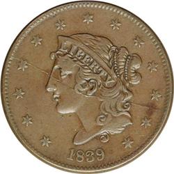1839 1C Booby Head. N-12, R.4. AU50 NGC. VF30 EAC. Gra 1839[1C] Booby Head. N-12, R.4. AU50 NGC. VF3