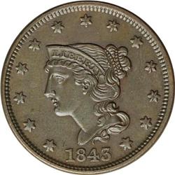 1843 1C Petite Head, Large Letters MS62 Brown NGC. N-4 1843[1C] Petite Head, Large Letters. N-4, R.1