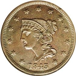 1843 1C N-4, R.1. Petite Head, Large Letters. MS62 Bro 1843[1C] N-4, R.1. Petite Head, Large Letters