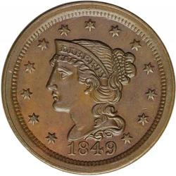 1849 1C MS62 Brown NGC. N-2, R.2. Brown obverse with a 1849[1C] N-2, R.2. MS62 Brown NGC. AU50 EAC.