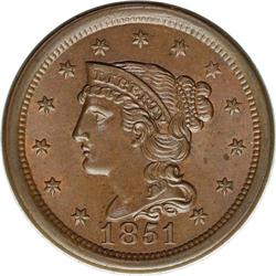 1851 1C N-31, High R.3. MS65 Brown NGC. MS60 EAC. Grel 1851[1C] N-31, High R.3. MS65 Brown NGC. MS60