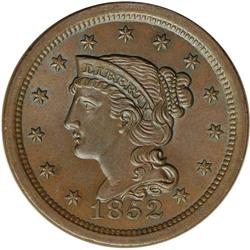 1852 1C MS65 Brown NGC. N-18, R.3. Brown with smooth, 1852[1C] N-18, R.3. MS65 Brown NGC. AU58 EAC.