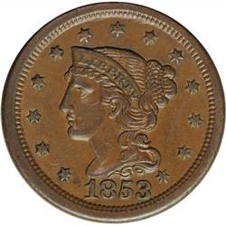 1853 1C AU58 NGC. N-1, High R.2. Brown with smooth, gl 1853[1C] N-1, High R.2. AU58 NGC. XF45 EAC.