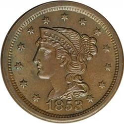 1853 1C MS64 Brown NGC. N-7, R.2. Brown with smooth, g 1853[1C] N-7, R.2. MS64 Brown NGC. MS60 EAC.