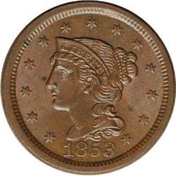 1853 1C MS64 Brown NGC. N-8, R.3. Brown with a trace o 1853[1C] N-8, R.3. MS64 Brown NGC. MS60 EAC.