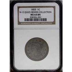 1853 1C N-13, R.1. MS64 Brown NGC. AU58 EAC. Grellman 1853[1C] N-13, R.1. MS64 Brown NGC. AU58 EAC.