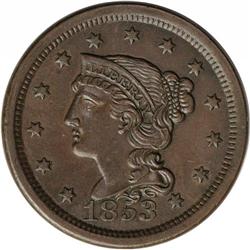1853 1C N-19, R.1. MS61 Brown NGC. AU50 EAC. Grellman 1853[1C] N-19, R.1. MS61 Brown NGC. AU50 EAC.