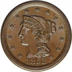1853 1C N-28, R.4. MS64 Brown NGC. AU58 EAC. Grellman 1853[1C] N-28, R.4. MS64 Brown NGC. AU58 EAC.