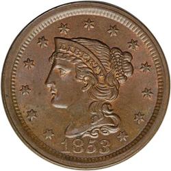 1853 1C MS64 Brown NGC. N-33, R.2. Brown with 5-10% mi 1853[1C] N-33, R.2. MS64 Brown NGC. MS60 EAC.