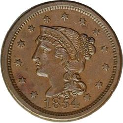 1854 1C N-22, R.4. MS61 Brown NGC. AU50 EAC. Grellman 1854[1C] N-22, R.4. MS61 Brown NGC. AU50 EAC.