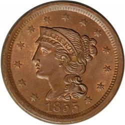 1855 1C Upright 5s. N-3, R.1. MS64 Brown NGC. MS60+ EA 1855[1C] Upright 5s. N-3, R.1. MS64 Brown NGC