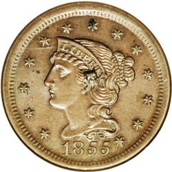 1855 1C Knob on Ear. N-9, R.1. MS65 Brown NGC. MS60 EA 1855[1C] Knob on Ear. N-9, R.1. MS65 Brown NG