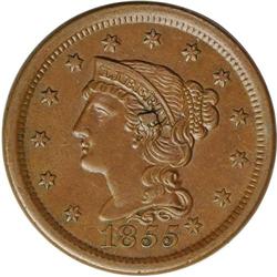 1855 1C Knob on Ear. N-9, R.1. MS62 Brown NGC. AU50 EA 1855[1C] Knob on Ear. N-9, R.1. MS62 Brown NG