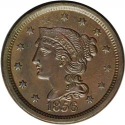 1856 1C Slanted 5. N-3, R.1. MS61 Brown NGC. AU55 EAC. 1856[1C] Slanted 5. N-3, R.1. MS61 Brown NGC.